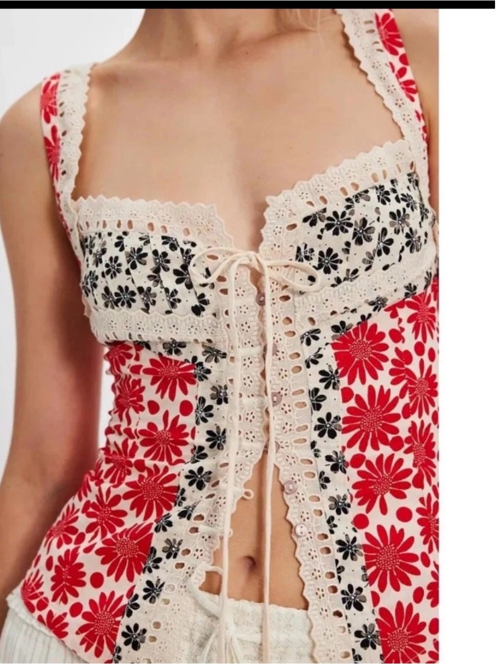 NWT Free People Red, Black & Cream Floral Lace-Trim Tie-Front Top